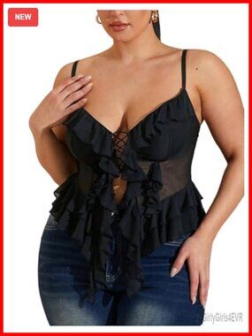 SHENHE Plus Size Sexy Cami Asymmetrical Sheer Ruffles Lace Up Tank Top